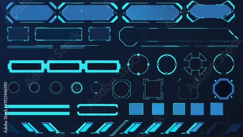 Futuristic user interface elements and digital design components displayed