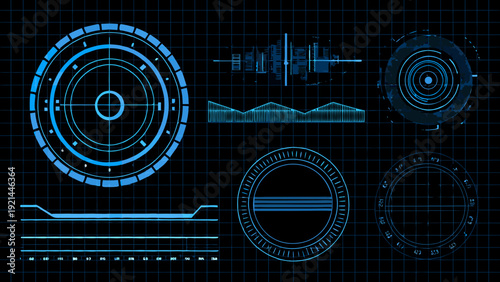 Futuristic interface elements with targeting reticles and digital displays