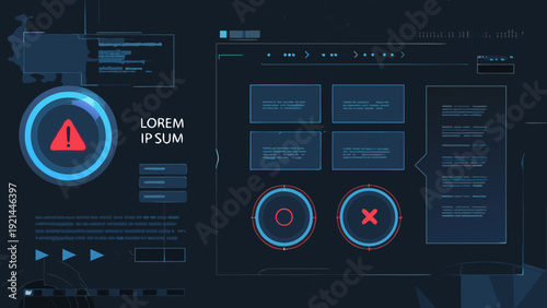 Futuristic user interface with alert symbols and data visualization elements