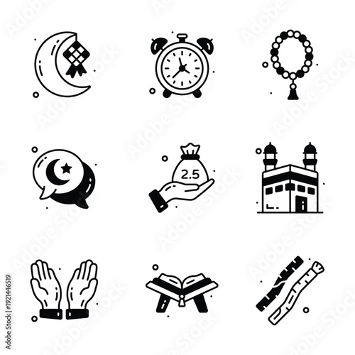Collection of Ramadan icons, featuring moon, prayer beads, mosque, and Quran for Islamic celebration.