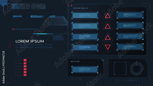 Futuristic user interface elements with glowing blue and red accents