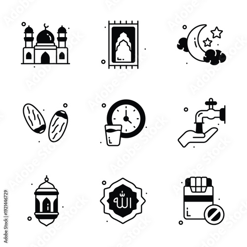 Collection of Ramadan icons including mosque, dates, prayer rug, clock, and crescent moon.