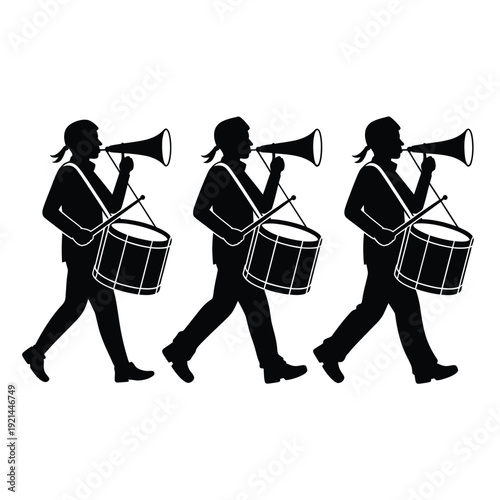 Three musicians march in silhouette playing drums and trumpets