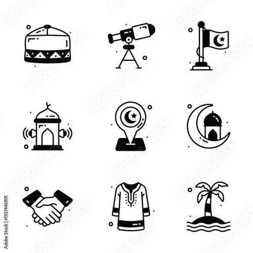 Set of Islamic icons for Ramadan and Eid, featuring mosque and celebration symbols.