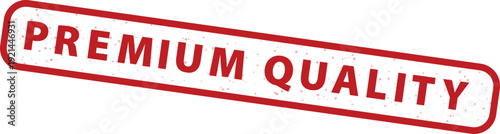 Premium Quality distressed red rubber stamp vector illustration. This rectangular label features bold capital letters and a textured, grunge effect, isolated on a transparent background.