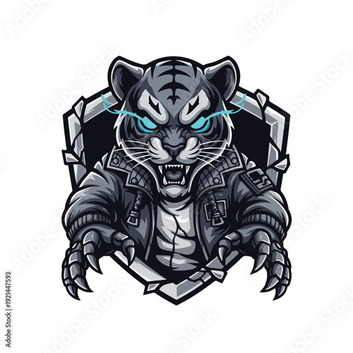 Ferocious tiger with armor and claws emerging from shield