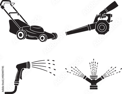 Black silhouette of lawn care equipment including lawnmower leaf blower hose and sprinkler