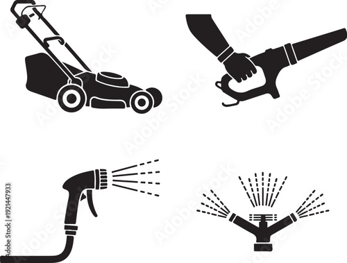 Black silhouette of lawn care equipment and watering tools lawn mower leaf blower garden hose sprinkler