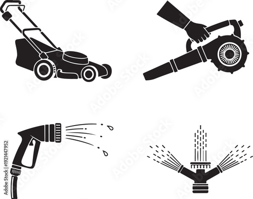 Black silhouette of lawn care equipment including a lawnmower leaf blower hose and sprinkler