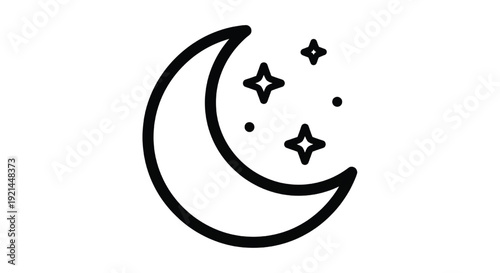 Moon crescent icon with sparkling stars and dots, minimal black outline night sky symbol for sleep app, bedtime logo, astrology UI, isolated on white background