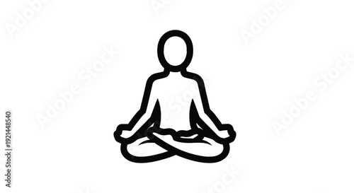 Person meditating icon in lotus pose with bold black outline, minimalist yoga symbol for mindfulness, relaxation, zen practice, spa wellness and mental health apps