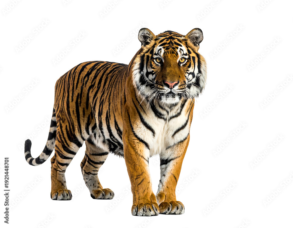 Fototapeta premium Majestic tiger standing tall showcasing vibrant fur and intense gaze.
