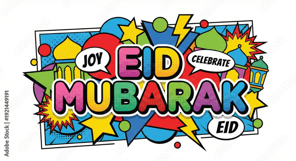 Obraz premium Colorful Pop Art Eid Mubarak Celebration Typography with Comic Style Elements on White Background