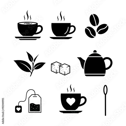 Minimalist Black Tea and Coffee Icon Set with Teapots, Cups, and Coffee Beans

