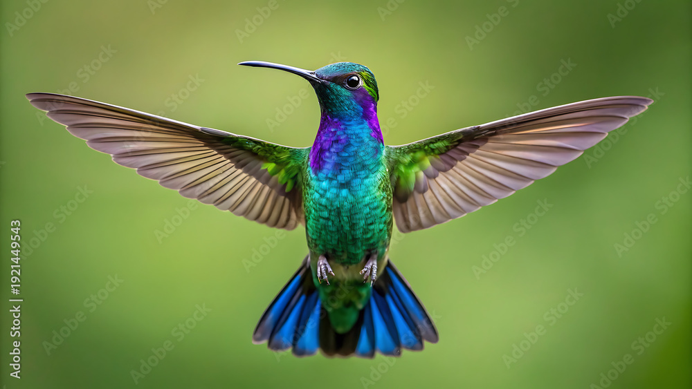 Fototapeta premium Vibrant Ruby-Throated Hummingbird Hovering in Flight Near Purple Flowers
