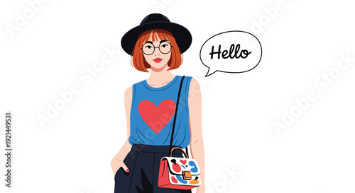 Stylish young woman with glasses and a hat wearing a heart pattern top and saying hello in a speech bubble on a white background.