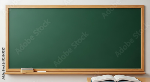 Scholarly green blackboard scene with a wooden frame and teaching supplies, depicting a quiet and organized classroom environment.