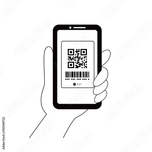 モノクロイラスト | スマホ決済の画面と操作する手のアイコン | キャッシュレス支払いやQRコードスキャンのイメージ