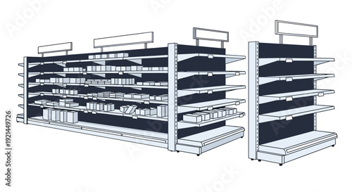 Perspective view of several empty metal shelves in a store or supermarket aisle on a plain white background for inventory display.