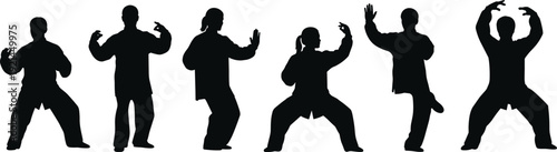 Black silhouettes of people practicing martial arts in various stances white background