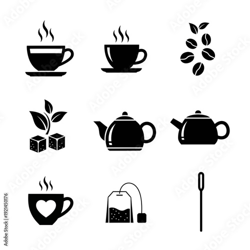 Minimalist Black Tea and Coffee Icon Set with Teapots, Cups, and Coffee Beans

