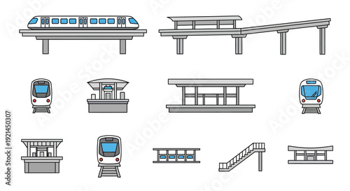 Illustration of monorail trains and station components in various views