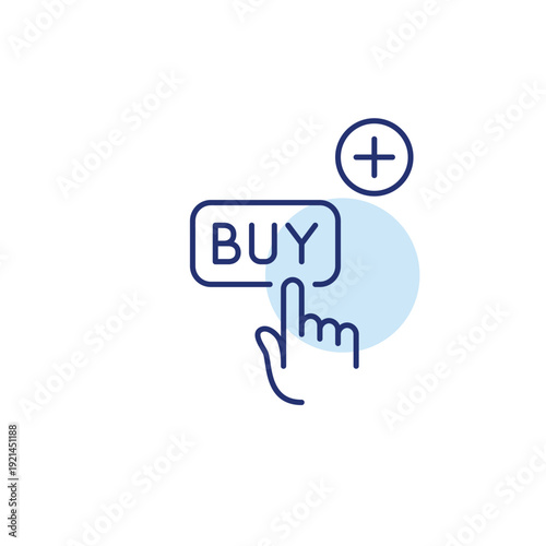 Finger clicking on buy button and plus symbol. Checkout entry, add to cart. Pixel perfect, editable stroke vector icon