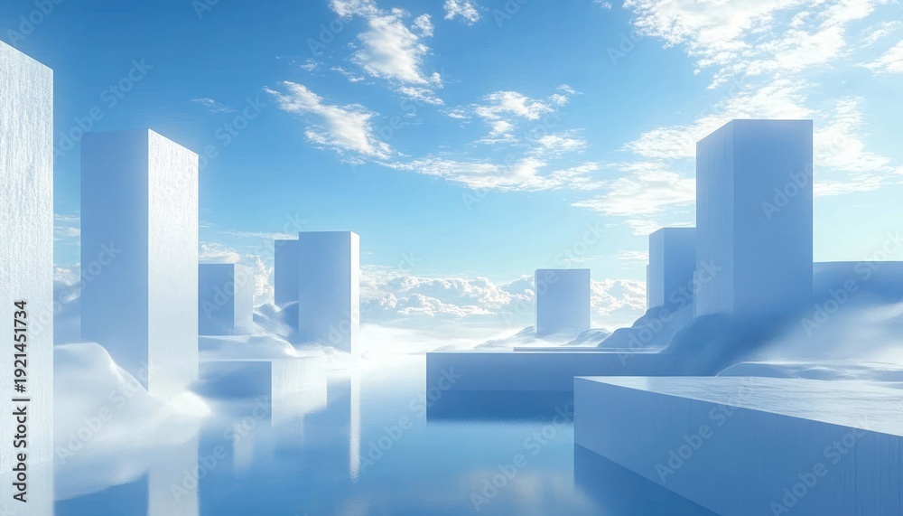 Fototapeta premium white rectangular towers rising from mist and reflective calm water under a bright blue sky, serene and surreal