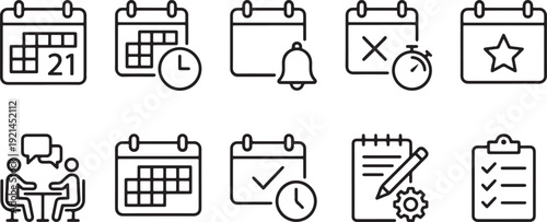 Set of 10 daily life and work flat design vector icons, scalable illustration for business, productivity, and time management