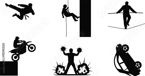 Black silhouettes of people performing various sports and actions white background