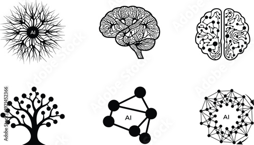 Black and white of artificial intelligence concepts and brain structures neuron neural network