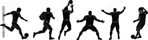 Black silhouettes of six men playing soccer and american football sports
