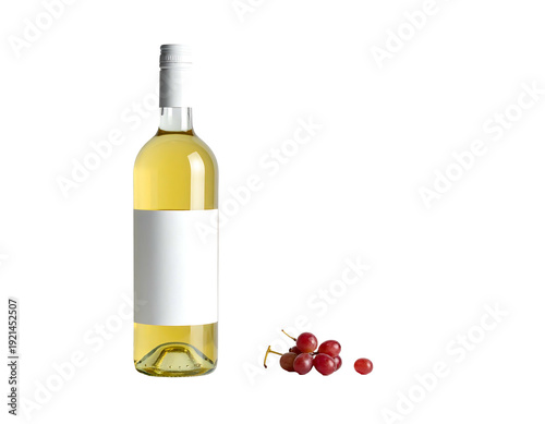 White wine bottle with blank label and red grapes on white background.