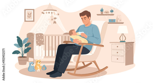 Modern vector illustration of father bottle feeding newborn in nursery with rocking chair and toys in flat solid color style showing modern parenting, bonding and shared childcare