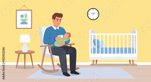 Modern vector illustration of father bottle feeding newborn in nursery with rocking chair and toys in flat solid color style showing modern parenting, bonding and shared childcare
