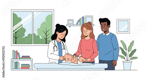 Modern vector illustration of pediatric doctor examining newborn with parents in clinic room in flat solid color style, healthcare checkup and baby wellness monitoring concept