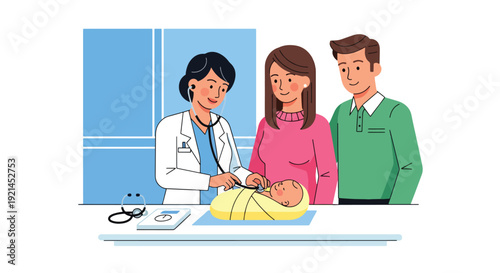 Modern vector illustration of pediatric doctor examining newborn with parents in clinic room in flat solid color style, healthcare checkup and baby wellness monitoring concept