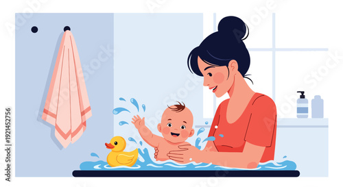 Modern vector illustration of newborn baby bath time in small tub with towel and rubber duck in flat solid color style, gentle hygiene routine and infant care concept for parenting design