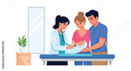 Modern vector illustration of pediatric doctor examining newborn with parents in clinic room in flat solid color style, healthcare checkup and baby wellness monitoring concept
