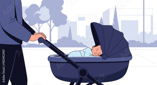 Modern vector illustration of parent pushing newborn in stroller along park path in flat solid color style, outdoor parenting lifestyle and daily walk concept