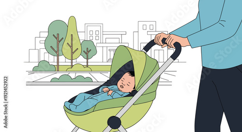 Modern vector illustration of parent pushing newborn in stroller along park path in flat solid color style, outdoor parenting lifestyle and daily walk concept