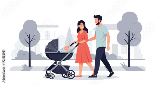 Modern vector illustration of parent pushing newborn in stroller along park path in flat solid color style, outdoor parenting lifestyle and daily walk concept