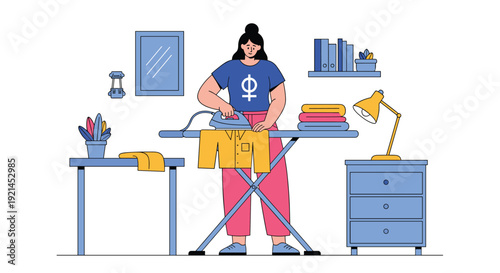 Young woman focused on ironing a yellow shirt on an ironing board in a tidy laundry room or bedroom with furniture and plants.