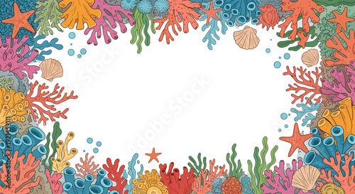 Bright underwater coral reef border featuring various marine life including starfish shells and sea plants around a blank center space.