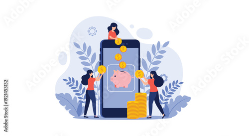 Group of young professionals saving money by dropping large gold coins into a giant smartphone representing a modern digital banking mobile app.