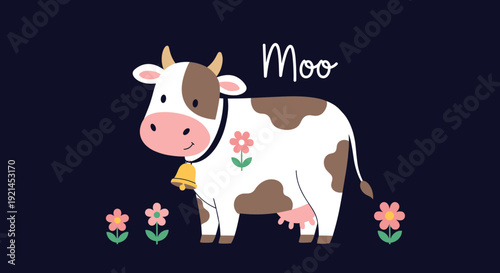 Adorable cartoon cow with brown spots and a yellow bell stands among pink flowers on a dark background with white moo text written above it.