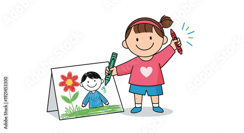 Happy young girl holding colorful crayons and standing next to her creative drawing of a person and a red flower.