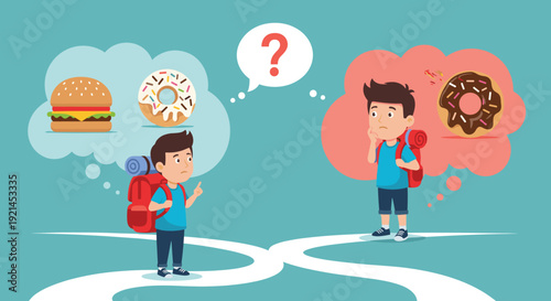 Young boy at a crossroad with thought bubbles showing different food options representing a difficult choice or decision.