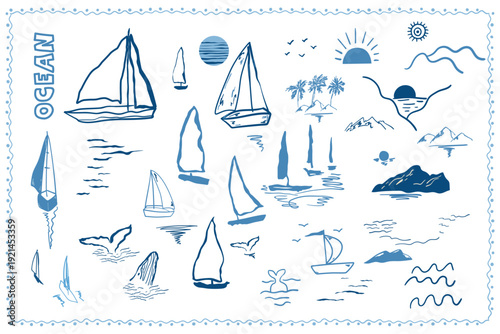 Hand drawn sailboats set, yachts. Marine transport elements collection isolated on white. Blue ink sketch drawing boats, islands, sea waves. Vector line drawing ocean vehicle illustration.