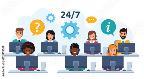 Diverse team of customer service representatives working at computers under a 24/7 support symbol with various info icons.